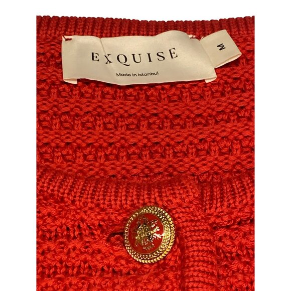 Exquise Red Cardigan Knit Joanna K. Gold Buttons Classic Crew Neck Medium - Picture 6 of 7